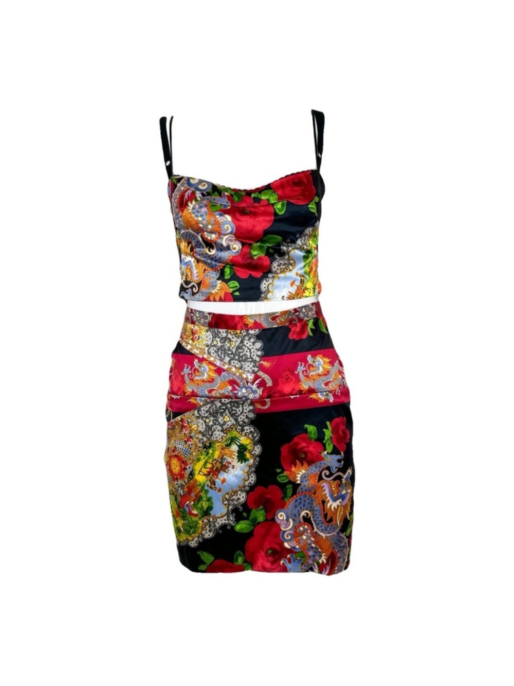 Dolce Gabbana 1998 dragon silk skirt and bustier top set